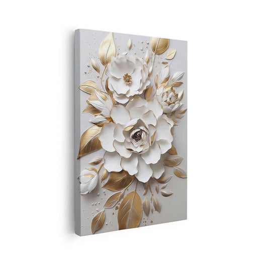 Tableau sur toile verticale de fleurs effet 3D blanc et doré art KWADECO